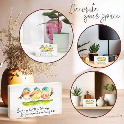 Rustic Pine Wood Block Sign - Every Little Thing Is Gonna Be Alright - Watercolor Birds, Positive Wooden Plaque For Desk Top, Shelf, Gift For Friends, Home & Office Decorations(4 X 6 Inches) - D10