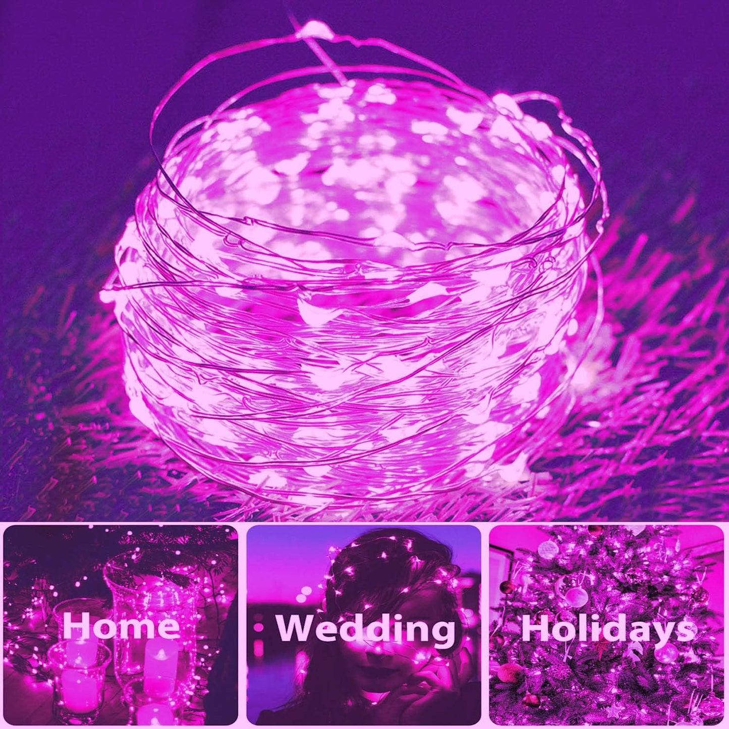 2 Pack Total 200 LED 66FT Solar Powered Copper Wire String Lights Outdoor, Waterproof, 8 Modes Fairy Lights for Valentines Day Decor, Garden, Patio, Party, Christmas, House (Pink)