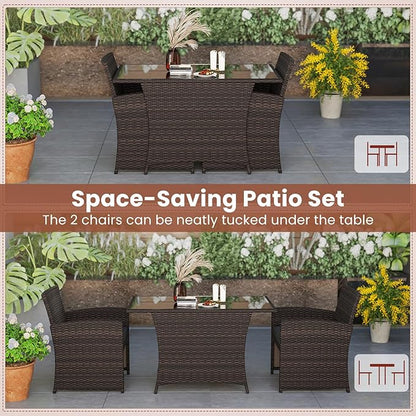 Tangkula 3 Piece Patio Wicker Dining Set, 2 Rattan Chairs with Rectangle Tempered Glass Dining Table, Outdoor Conversation Set with Cushions for Backyard, Porch, Poolside