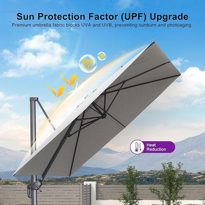 PURPLE LEAF 9' X 11.5' Rectangle Cantilever Umbrella with Base Outdoor Large Aluminum Patio Umbrella with 3-Year Fade Resistance Recycled Fabric and 360-degree Rotation for Deck Garden, Pebble Grey