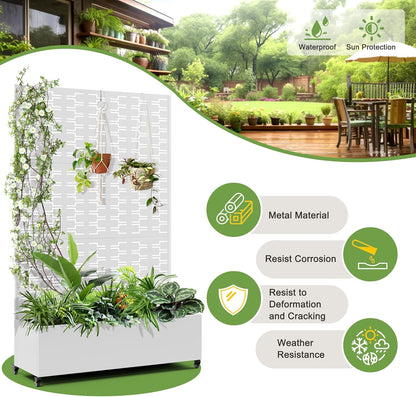 FENCY Metal Raised Garden Bed with Wheels and Trellis,73"x47"x16" Planter Box for Climbing Plants, Vegetables & Vines, Features Privacy Screen and Drainage Holes (White-Brick)