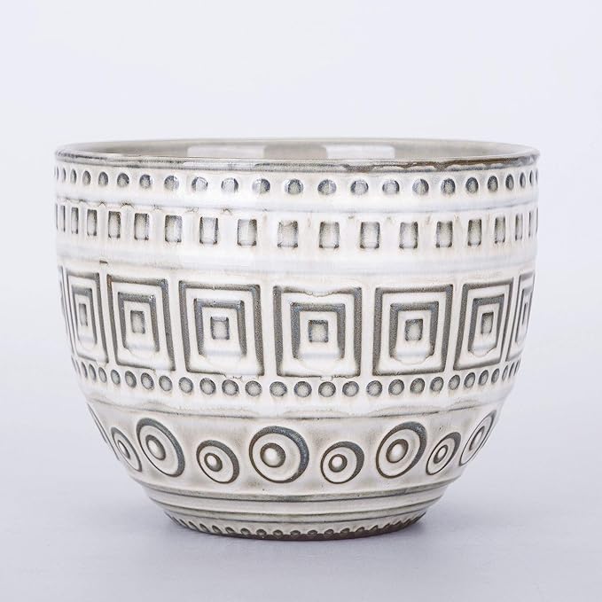 VanEnjoy 5.5 inch Large Round Bohemian Style Ceramic Planter, Geometry Engrave Off White Brown Succulent Planter Flower Pot, Indoor Outdoor Decorative Planter