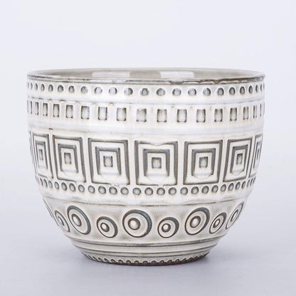 VanEnjoy 5.5 inch Large Round Bohemian Style Ceramic Planter, Geometry Engrave Off White Brown Succulent Planter Flower Pot, Indoor Outdoor Decorative Planter