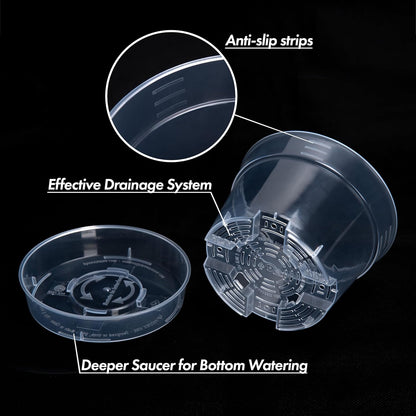 6 Inch Clear Plastic Plant Pot with Drainage Holes, Interlocking & Detachable Tray - Deep Saucer - Durable BPA-Free Plastic, Transparent Design, Raised Base for Airflow, Set of 12, 92-X-B-4