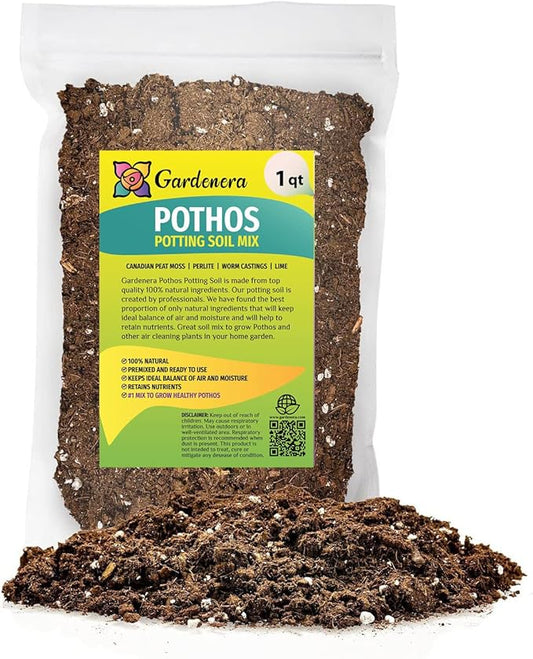 GARDENERA Premium Pothos Potting Soil Mix - Air Cleaning Plant Potting Mix, Soil Mix for Pothos, Parlor Palm, Peace Lily - (1 Quart Bag)