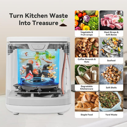 3.5L Electric Composter for Kitchen, Smart Compost Bin, Odorless Indoor Composter with 2 Detachable Carbon Filter, Turns Waste Into Dry Fertilizer, One-Touch Operation, White