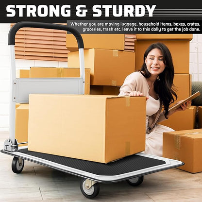 Upgraded Foldable Push Cart Dolly | 330 lbs. Capacity Moving Platform Hand Truck | Heavy Duty Space Saving Collapsible | Swivel Push Handle Flat Bed Wagon (White, 660 lbs. Capacity)
