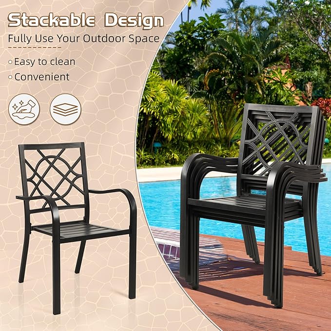 Incbruce 300lbs Patio Chairs Set of 4 Outdoor Dining Chairs, Metal Frame Stackable Patio Dining Chairs, Wrought Iron Black Outdoor Chair with Armrest for Garden, Poolside, Backyard