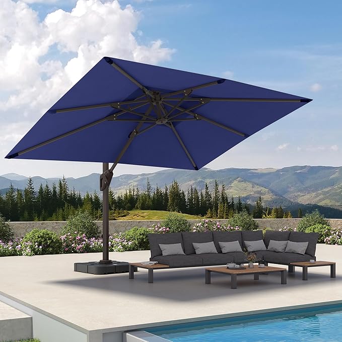9' X 12' Cantilever Patio Umbrella with Base Included 360°Rotation Rectangular Outdoor Large Offset Umbrellas Double Top Heavy Duty Windproof for Garden Deck Pool, Navy