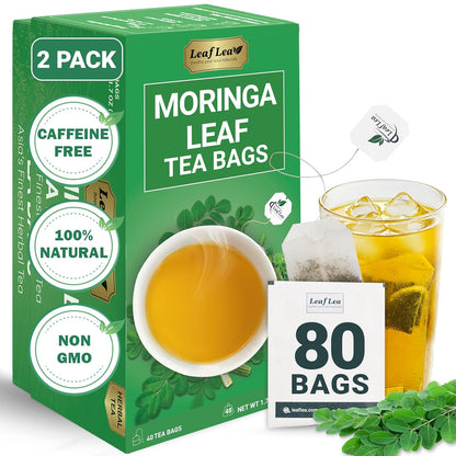 LeafLea 80 Moringa Tea Bags, Premium Moringa Leaf Herbal Tea for Digestive Support and Daily Wellness, Made from Natural Leaves, Caffeine-Free, Non-GMO, Sugar-Free