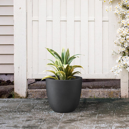 Kante 10 Inch Dia Round Concrete Planter, Indoor Outdoor Large Plant Pot with Drainage Hole and Rubber Plug for Home Patio Garden, Black