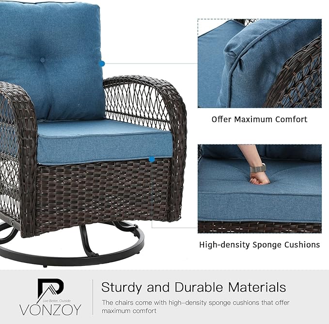 3 Pieces Patio Furniture Set, Outdoor Swivel Glider Rocker, Wicker Patio Bistro Set with Rocking Chair, Thickened Cushions and Table for Porch (Blue)