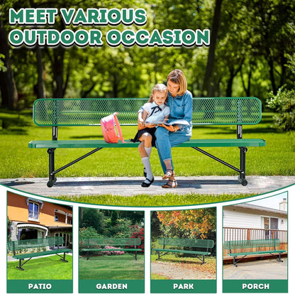 Heavy Duty Park Bench for Outside, Metal Park Bench with Back Portable Frame, Outdoor Steel Mesh Garden Bench with Backrest for Garden, Lawn, Patio, Porch, Park, Yard (Green, 8FT/95INCH)