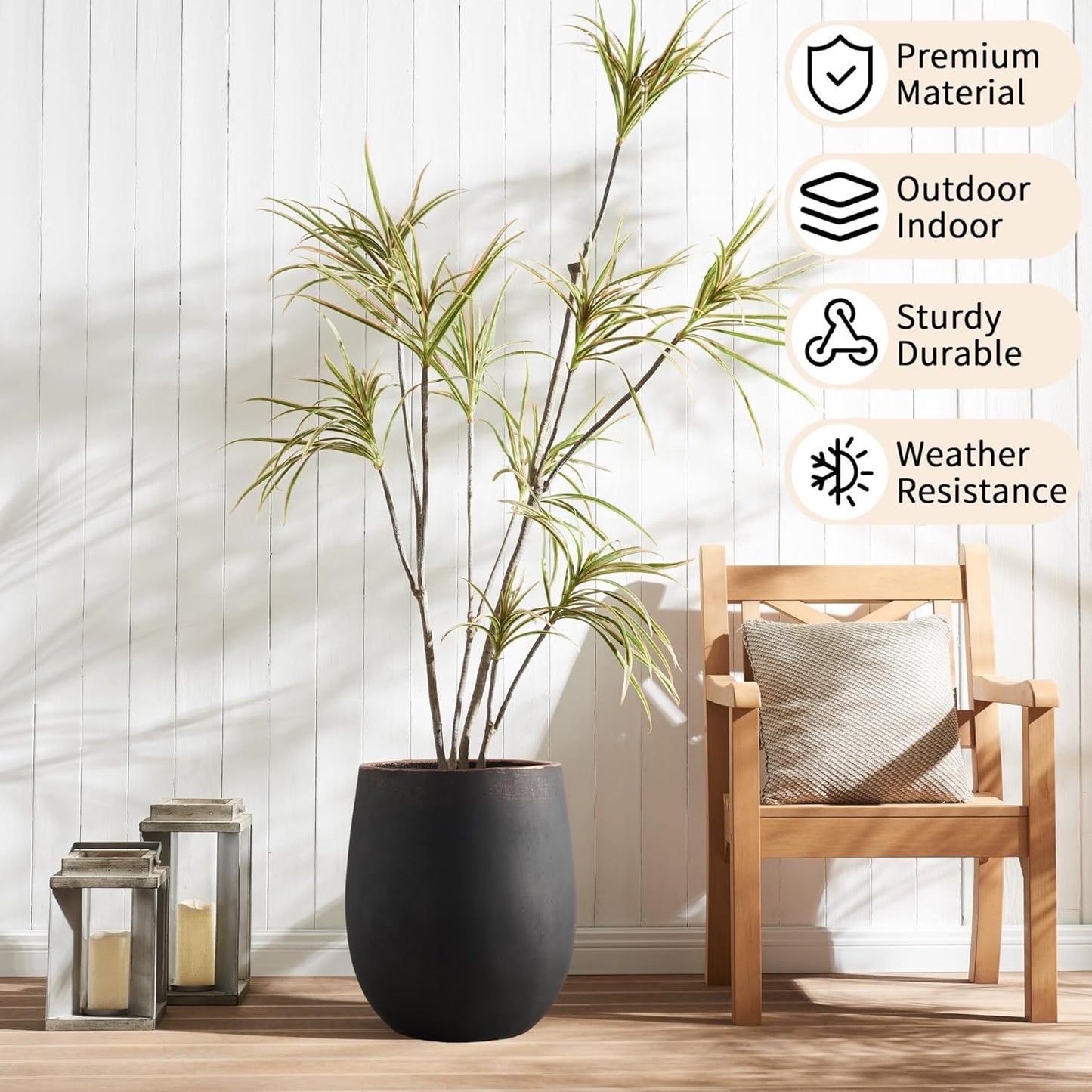 15.5" H Outdoor Concrete Planter, Round Flower Pot with Drainage Hole and Silicone Plug, Plant Container for Garden, Patio, Home, Office, Black, Copper Rim, 1 Pack