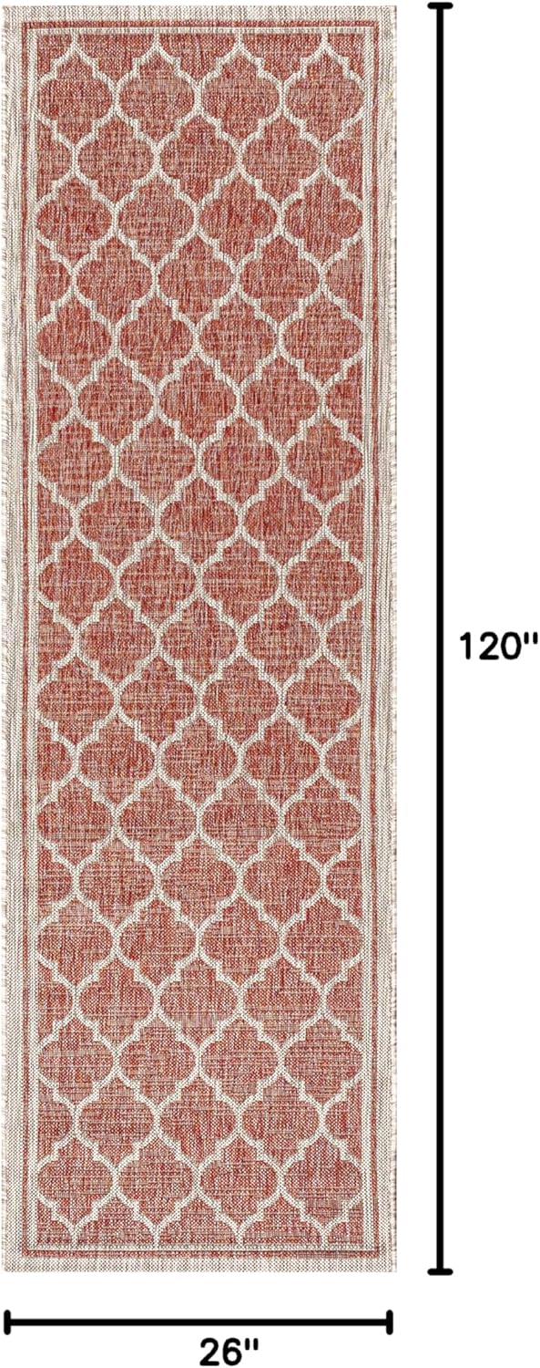 Eyely BMS109C-210 Santa Monica Trebol Moroccan Trellis Textured Weave Indoor/Outdoor Runner Rug Coastal;Bohemian, Bedroom, Backyard, Patio, Easy-Cleaning, Non-Shedding, 2 X 10, Red/Beige