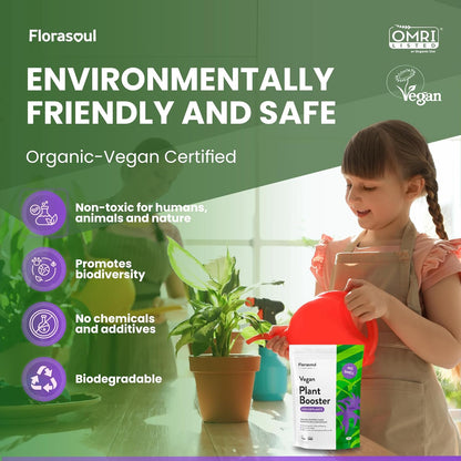 PLANT BOOSTER Indoor Plant Food Water Soluble Flakes Organic Seaweed Fertilizer NO SMELL Best House Plant Feed Eco Friendly, Certified Vegan Organic Plant Fertilizer 500g/350l