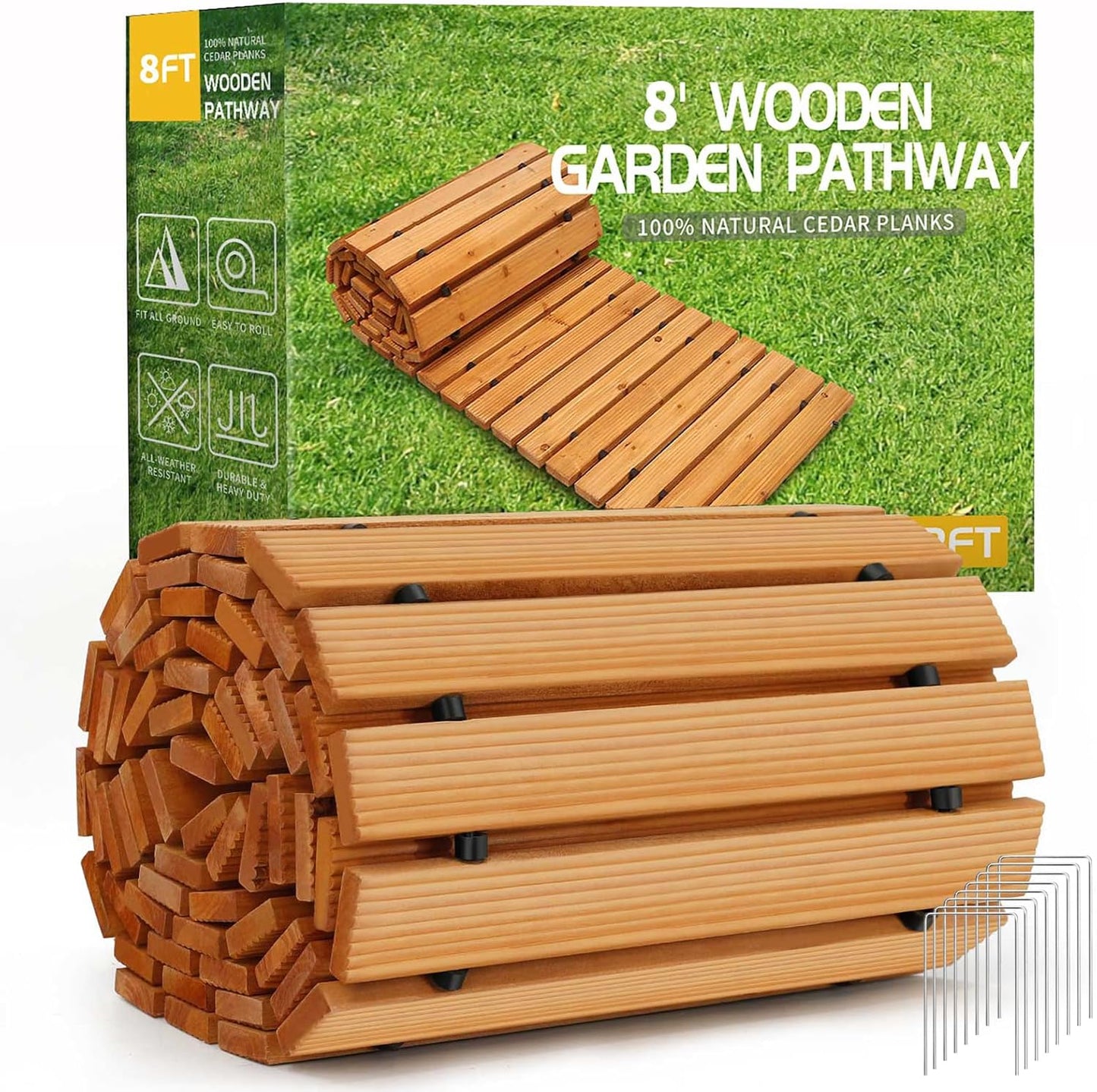 RELIANCER 8' Wooden Garden Pathway,Outdoor Roll Out Cedar Straight Walkway,Patio Path Decorative Garden Boardwalk Walkways,Weather-Resistant Roll Up Beach Wood Road Floor,Wedding Party Pathways
