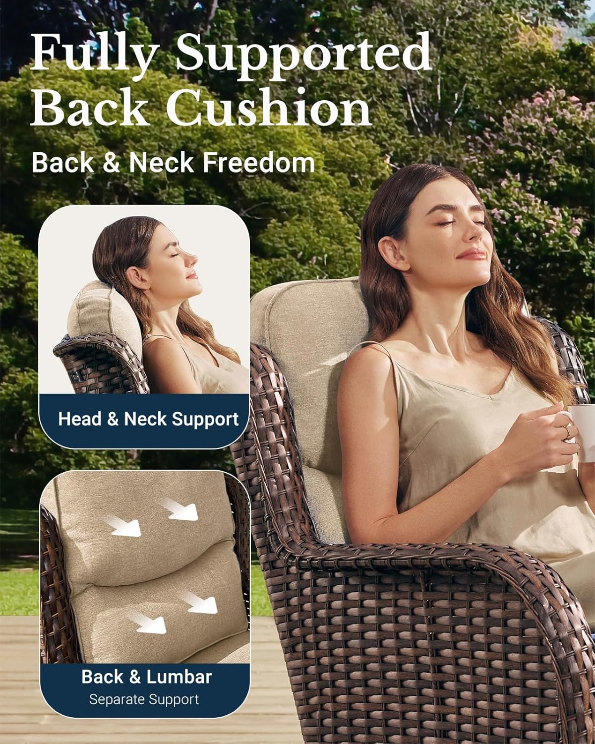 HILLGA Luxury Patio Furniture Set with 6-inch Thick Cushion, Outdoor High Back Swivel Rocker Patio Chairs, 2PCS Wicker Conversation Set for Deck Yard and Poolside, Beige (V2)