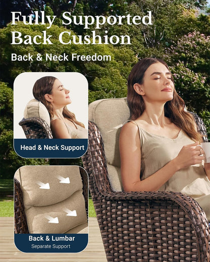 HILLGA Luxury Patio Furniture Set with 6-inch Thick Cushion, Outdoor High Back Swivel Rocker Patio Chairs, 2PCS Wicker Conversation Set for Deck Yard and Poolside, Beige (V2)