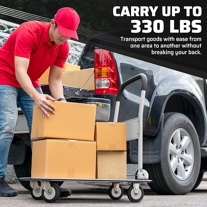 Heavy Duty Foldable Push Cart Dolly | 330 lbs. Capacity | Upgraded Collapsible Hand Truck Folding Platform with Swivel Wheels | Flat Bed Moving Wagon | Space Saving Push Handle (White)