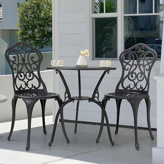 NUU GARDEN 3-Piece Outdoor Bistro Set with 2 Chairs and Round Table with Umbrella Hole, All-Weather Patio Set for Garden, Porch, Lawn, Poolside, Black