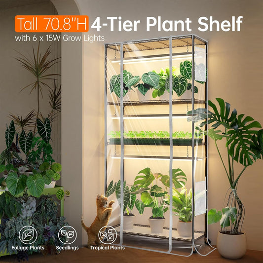 Indoor Greenhouse with Grow Light, Tall Green House with 6 Pack T5 Full Spectrum Plant Lights with Timer, Plant Shelf with Tent for Indoor Plant, Seed Starting, Seed Tray, 35.4"x13.8"x70.8"
