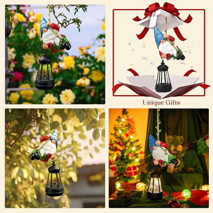 Solar Hanging Gnome Garden Statue Climbing Rope Gnome with LED Lantern Outdoor Decor Tree Hugger Yard Porch Wall Decoration Christmas Thanksgiving Birthday Gardening Gift for Mom Women