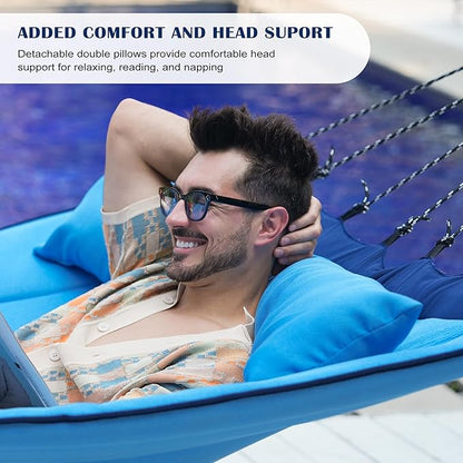 Lazy Daze Hammocks 12 FT Quilted Fabric Hammock with Curved Aluminium Spreader Bar, Outside Double Hammock with Soft Pillow, Side Pocket 450 Lbs Capacity for Patio, Poolside, Lake Blue