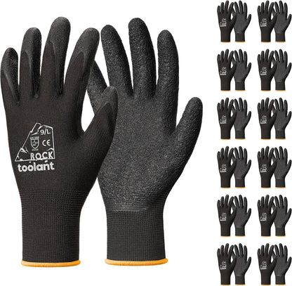 toolant Crinkle Latex Work Gloves Bulk, Rubber Coated Safety Work Gloves for Men and Women, 12 Pairs for Construction, Gardening, Warehouse (Black, XXL)