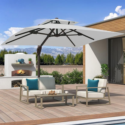 10x10 FT Cantilever Patio Umbrella Double Top Outdoor Square Large Heavy Duty Aluminum Offset Umbrellas with 7 Level Tilt 360-degree Rotation for Pool Garden Deck, Fog Grey