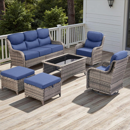 Wicker Outdoor Patio Furniture Set - 6 Piece Patio Conversation Sets with Swivel Rocker Chairs, Ottomans, Sofa and Coffee Table, 6 inch Cushions, Deep Seating, for Porch Deck Mixed Grey/Blue