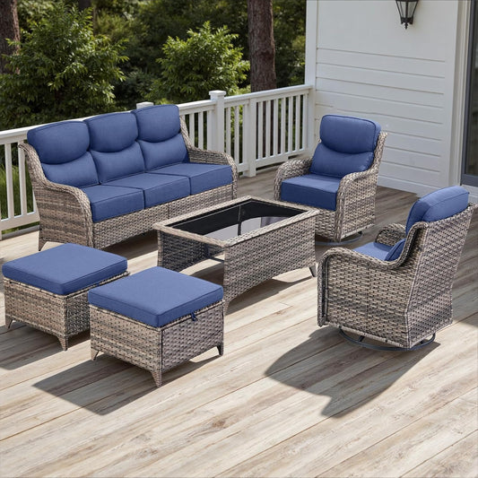 Wicker Outdoor Patio Furniture Set - 6 Piece Patio Conversation Sets with Swivel Rocker Chairs, Ottomans, Sofa and Coffee Table, 6 inch Cushions, Deep Seating, for Porch Deck Mixed Grey/Blue