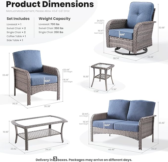 ovios 7 Pieces Patio Furniture Set, Outdoor Wicker Sofa with Swivel Chairs, Coffee Table, All Weather High Back Rattan Loveseat Couch with Comfy Cushions, Denim Blue