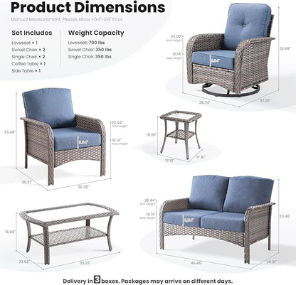 ovios 7 Pieces Patio Furniture Set, Outdoor Wicker Sofa with Swivel Chairs, Coffee Table, All Weather High Back Rattan Loveseat Couch with Comfy Cushions, Denim Blue
