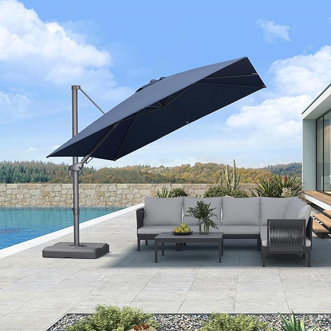 PURPLE LEAF 10' X 10' Left-right Tilting Outdoor Patio Umbrella Swivel Offset Cantilever Heavy Duty Rectangle Aluminum Umbrella with UV Resistant for Deck Pool Patio Backyard, Ocean Slate