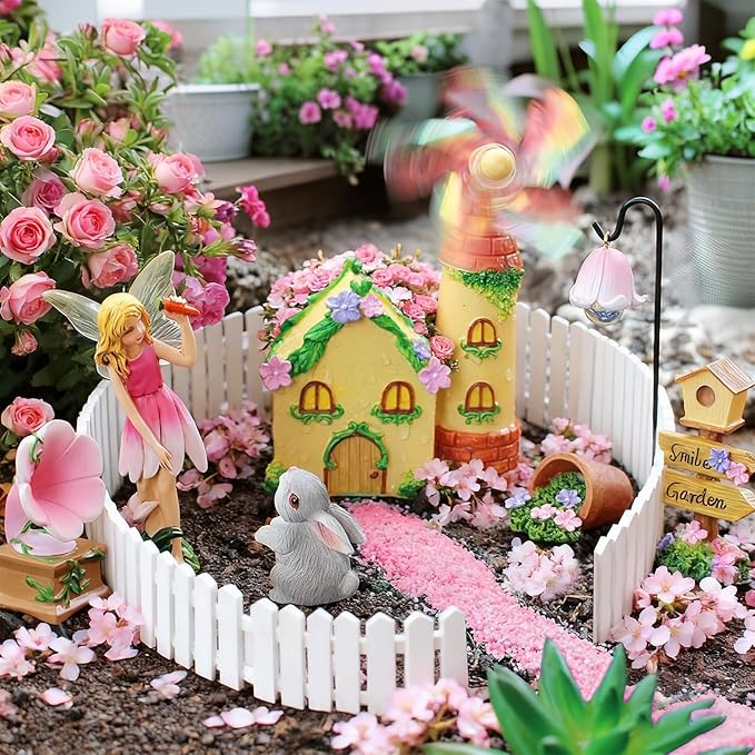 DONABELA Fairy Garden Kit Pink Mini Windmill House Decor Set Rabbit Flower Pot Supplies Signpost CD Player Resin Figurines Accessories Gift Indoor Outdoor Yard