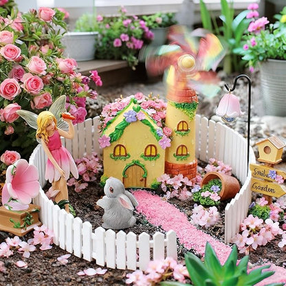 DONABELA Fairy Garden Kit Pink Mini Windmill House Decor Set Rabbit Flower Pot Supplies Signpost CD Player Resin Figurines Accessories Gift Indoor Outdoor Yard