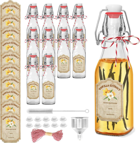 10 Pack Swing Top Glass Vanilla Extract Bottles 8 oz with Lids, Vanilla Extract Labels and Funnel, Glass Boston Vanilla Bottles for Syrup Gift, Flip Top Glass Bottles Jars for Vanilla Extract