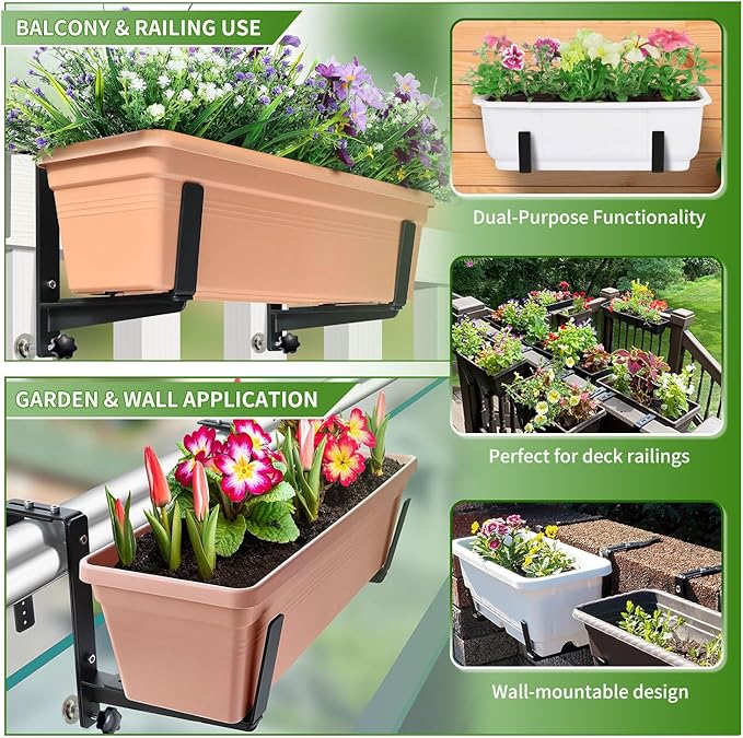 Heavy Duty Adjustable Window Box Brackets - Iron Planter Box Hangers with Reinforced Bottom Support for Balcony, Fence, Railing, Garden - Rust-Proof & Sturdy Flower Pot Holders