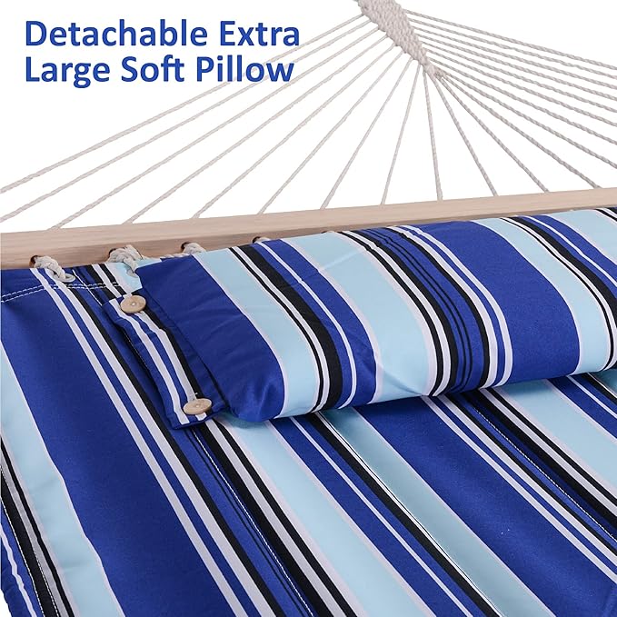 SUNCREAT Hammocks 2 Person Hammock with Stand, Portable Patio Hammock with 13.5 ft Wooden Stand, Blue Stripes