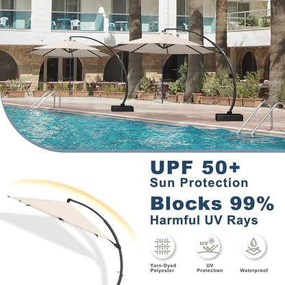 12FT Cantilever Umbrella with Base Large Curvy Outdoor Aluminum Offset Umbrella w/ 360° Rotation, UV Resistant Canopy for Patio, Garden, Backyard, Beige