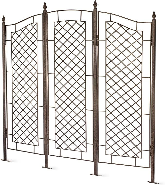 H Potter Large Garden Trellis for Climbing Plants Wrought Iron Metal 3 Panel Ivy Garden Privacy Screen Patio Deck GAR573L