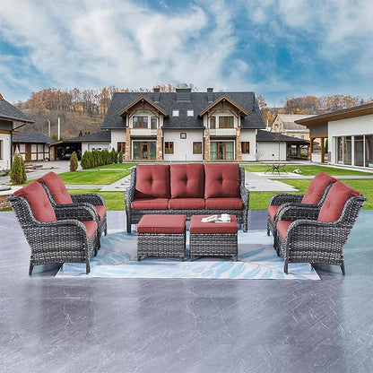 Rilyson Wicker Patio Furniture Chairs Set - 7 Piece Rattan Outdoor Sectional Conversation Sets with 1 Sofa,4 Armrest Chairs and 2 Ottomans for Porch Deck Garden(Mixed Grey/Red)