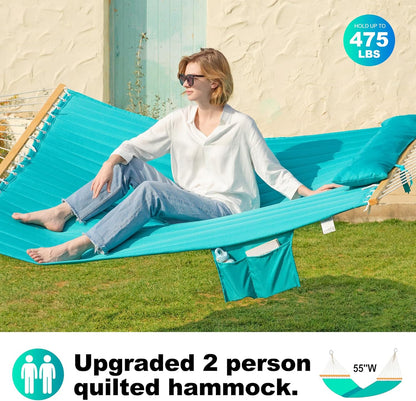 Double Quilted Fabric Hammock with Spreader Bar, Fits 12-14ft Hammock Stand, 2 Person 14ft Hammocks for Outside, Large Removable Pillow, Storage Bag, Carabiners, Max 475 lbs Capacity (Aqua)