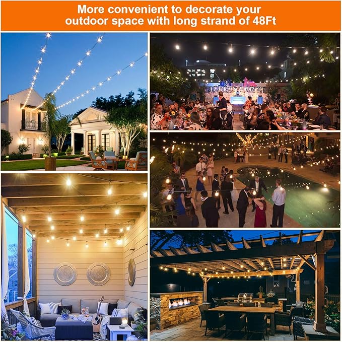 Mlambert 3-Color in 1 Solar String Lights Outdoor Waterproof Dimmable, 48ft Remote LED Patio Lights,15 Hanging Sockets Shatterproof Light for Backyard