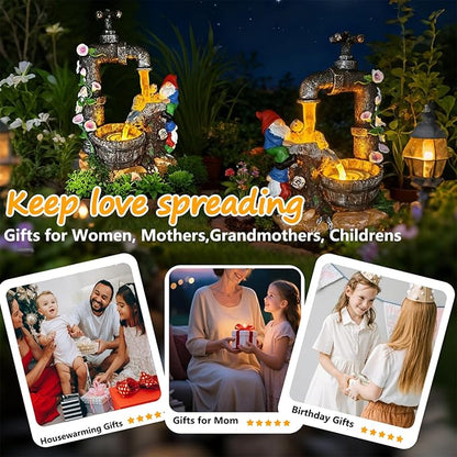Solar Garden Gnomes Statues Outdoor Yard Decorations, 10" Resin Fountain Gnome Outside Christmas Art Decor for Lawn Patio Porch Backyard,Unique Housewarming Gifts for Women Mom Grandma