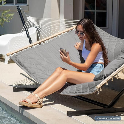 ANOW Heavy Duty Hammock with Spreader Bars and Detachable Pillow, 2 Person Hammock for Outdoors Indoors, 450 LBS Weight Capacity, Light Gray