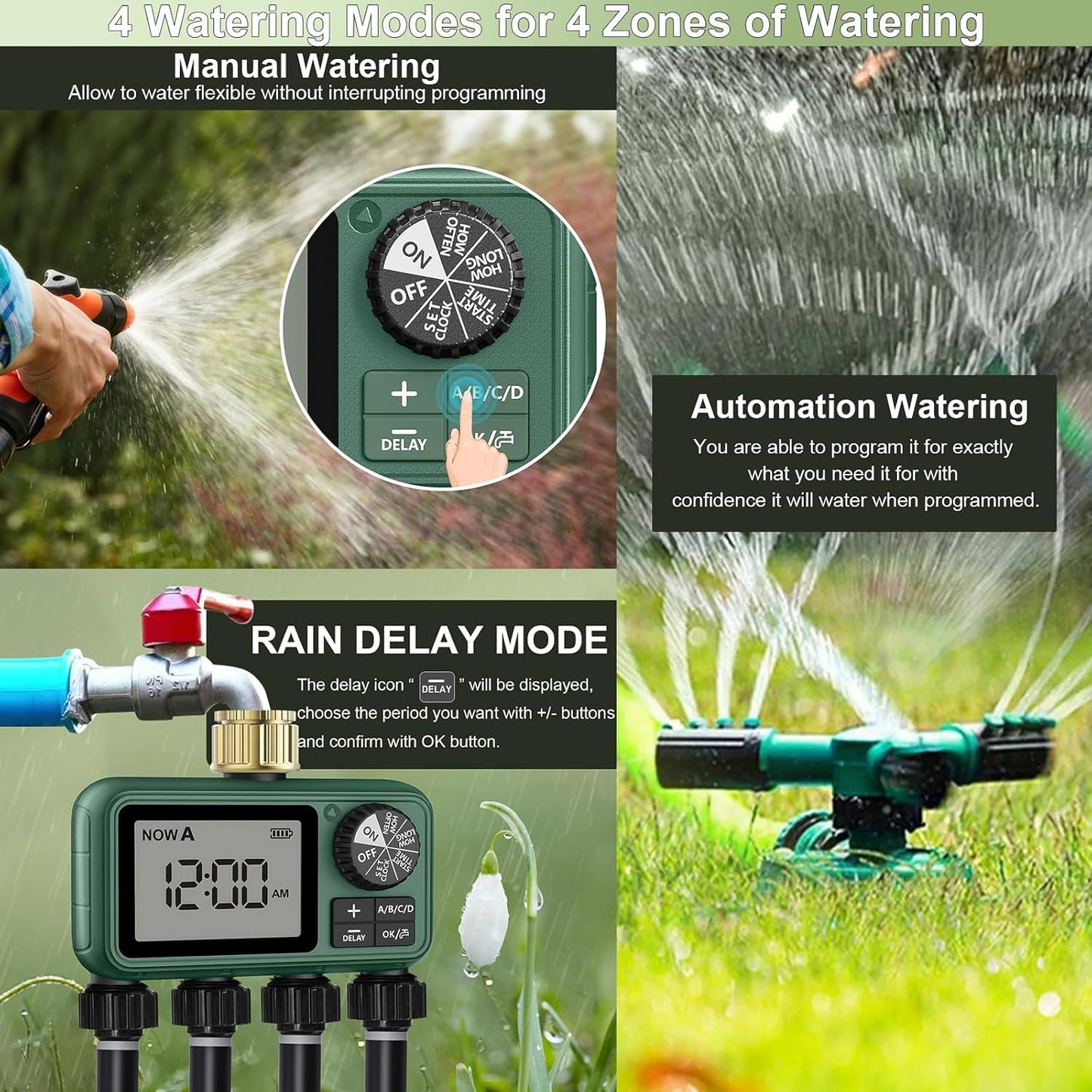4 Zone Sprinkler Timer with Brass Inlet,Programmable Water Timer for Garden Hose with Rain Delay, Manual& Automatic Watering System,Programmable Digital for Lawn Yard,4 Zone