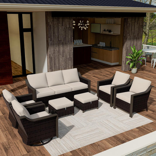 7 PCS Wicker Patio Conversation Set, All-Weather Use Outdoor 2 PE Rattan Swivel Chair, 2 PE Rattan Chair, 2 Ottoman, 1 Patio Sofa, Removable Water-Resistant Cushion, Beige