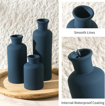 Ceramic Vase Set of 3, Neutral Modern Vases Home Decor Boho Vase Farmhouse Decor Flowers Pampas Vases for Table Mantel Entryway Shelf Living Room Kitchen Bathroom - Navy Blue
